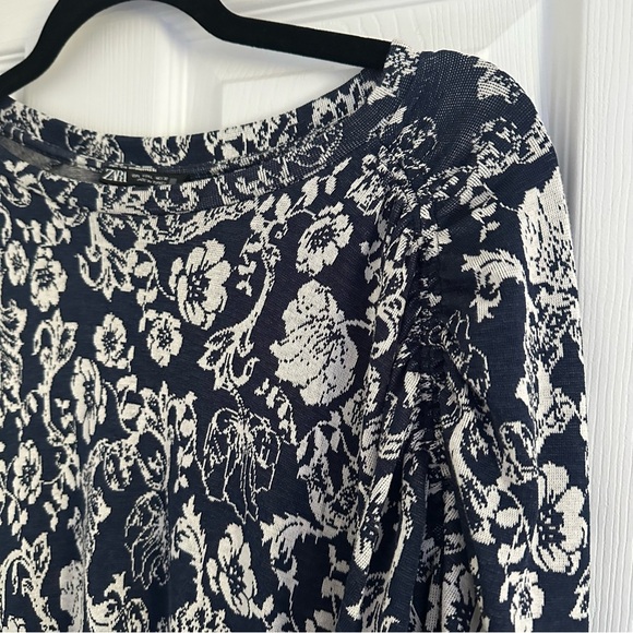 Size L Zara Jacquard Navy Blue Long Sleeve Dress - Picture 4 of 5